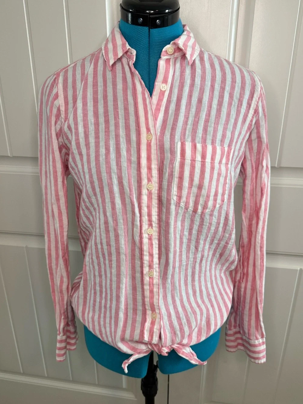 J.Crew Tie-front Linen Button Down Shirt Pink White size 4 EUC